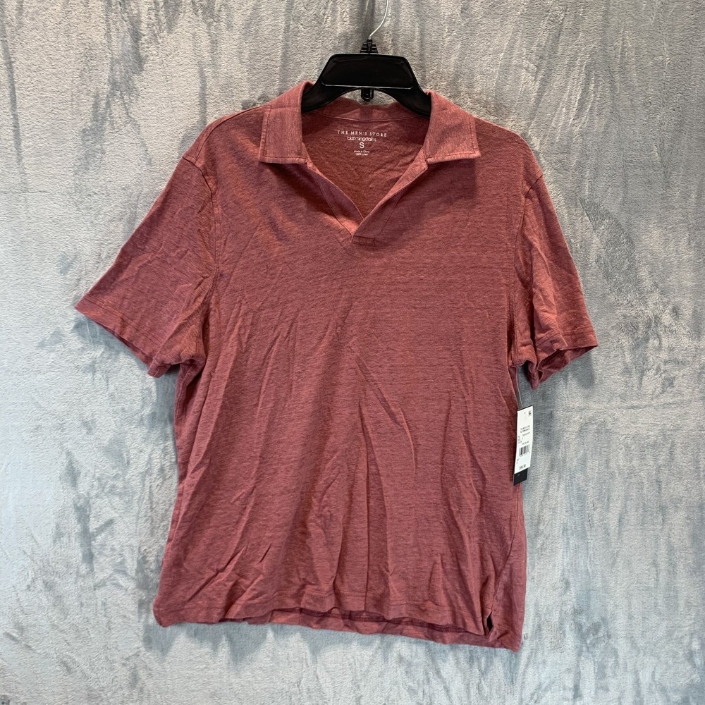 Bloomingdales Mens Polo Shirt S 100% Linen Red Short Sleeve Johnny Collar Slub